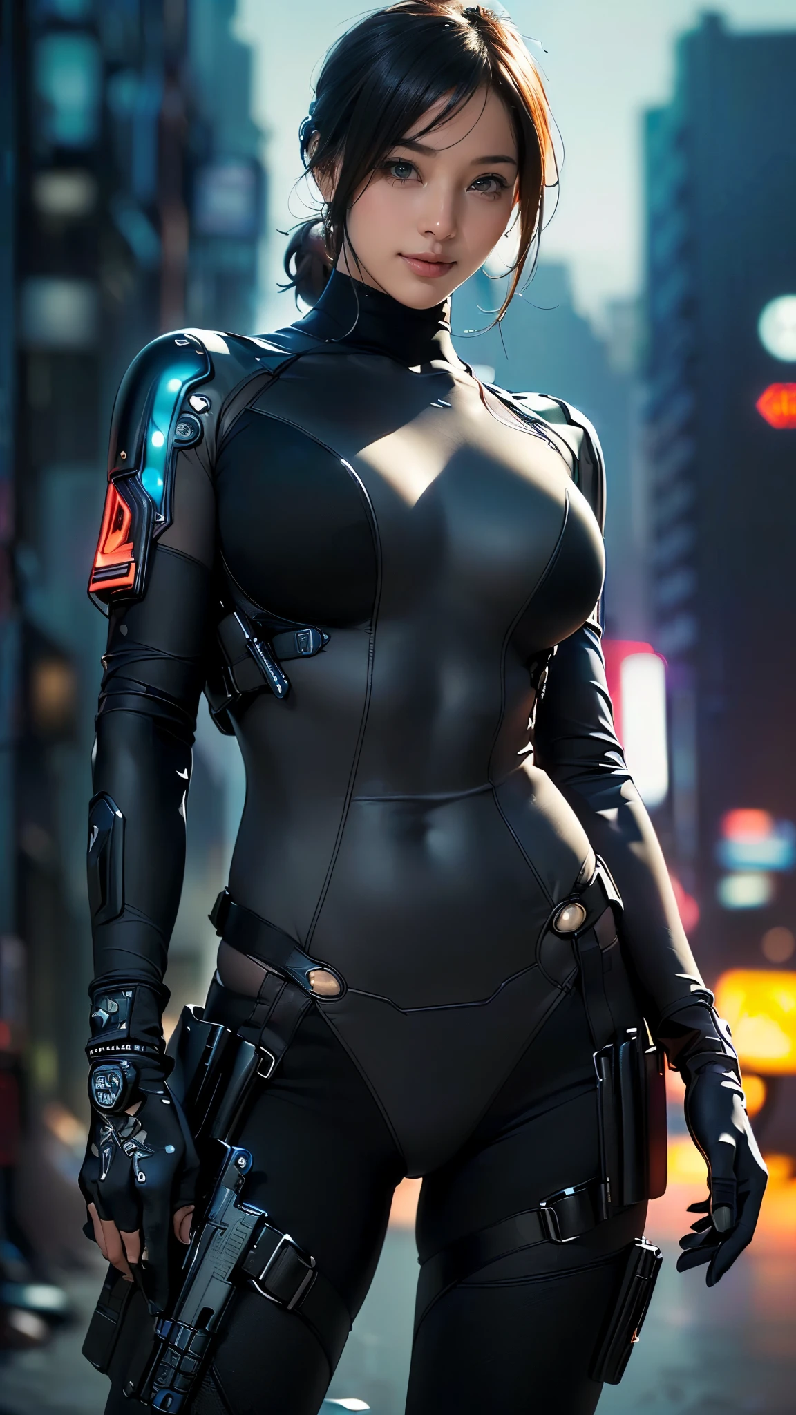 (One Woman),(((A SWAT woman is standing))),((Black tactical bodysuit:1.5)),((Scouter:1.5)),((black tactical holster:1.5)),(Black Gloves:1.5),(smile:1.5),(Short Hair 1.5),(Beautiful Eyes:1.3),(Very detailedな顔:1.5),((Very detailed drawing of a female hand:1.5)),((muscular:1.5)),(Sexy Looks:1.5),((Thick thighs:1.5)),(Beautiful body:1.5),((Very sensual:1.5)),(The background is a futuristic city:1.5),(Cyberpunk atmosphere:1.5),(((Blur the background:1.5))),(Written boundary depth:1.5),BREAK(((masterpiece:1.5),(highest quality:1.5),(Very detailed:1.5),(High resolution:1.5),(Realistic:1.5),(Realistic:1.5),(Delicate depiction),(Careful depiction))),8k,wallpaper