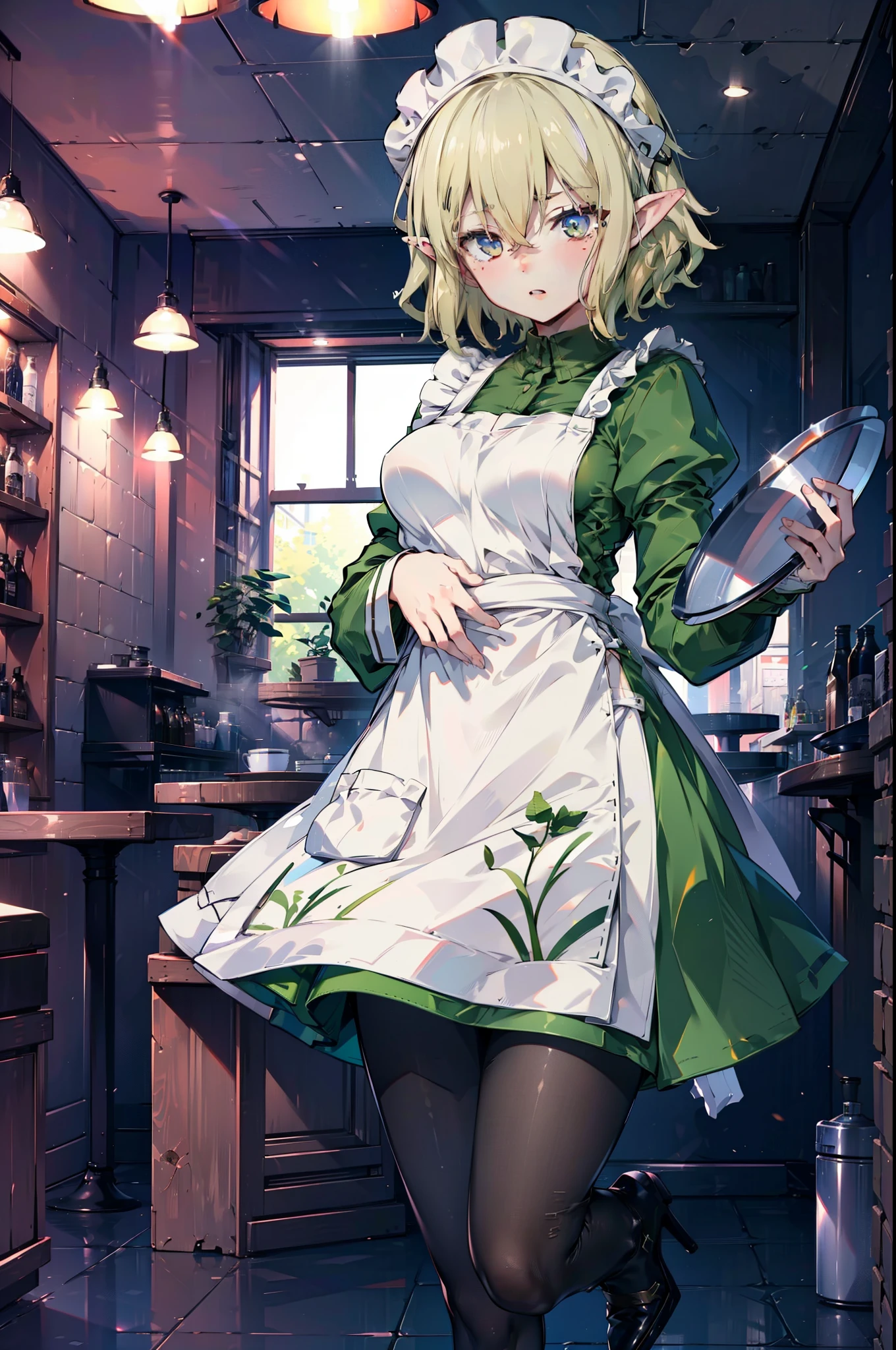 Ryurion, Ryu Lion, Blonde Hair, blue eyes, Fairy, Hair between the eyes, Pointy Ears, short hair, (Small breasts:1.2),
Break Apron, black pantyhose, dress, green dress, Long sleeve, Maid, Maid apron, Maid headdress, pantyhose, White apron,tray, tray in one hand,Stiletto heels,
壊す looking at viewer,whole body, (Cowboy Shot:1. 5)
Indoor rest, Destroy the coffee shop (masterpiece:1.2), highest quality, High resolution, unity 8k wallpaper, (shape:0.8), (Beautiful details:1.6), Highly detailed face, Perfect lighting, Extremely detailed CG, (Perfect hands, Perfect Anatomy),