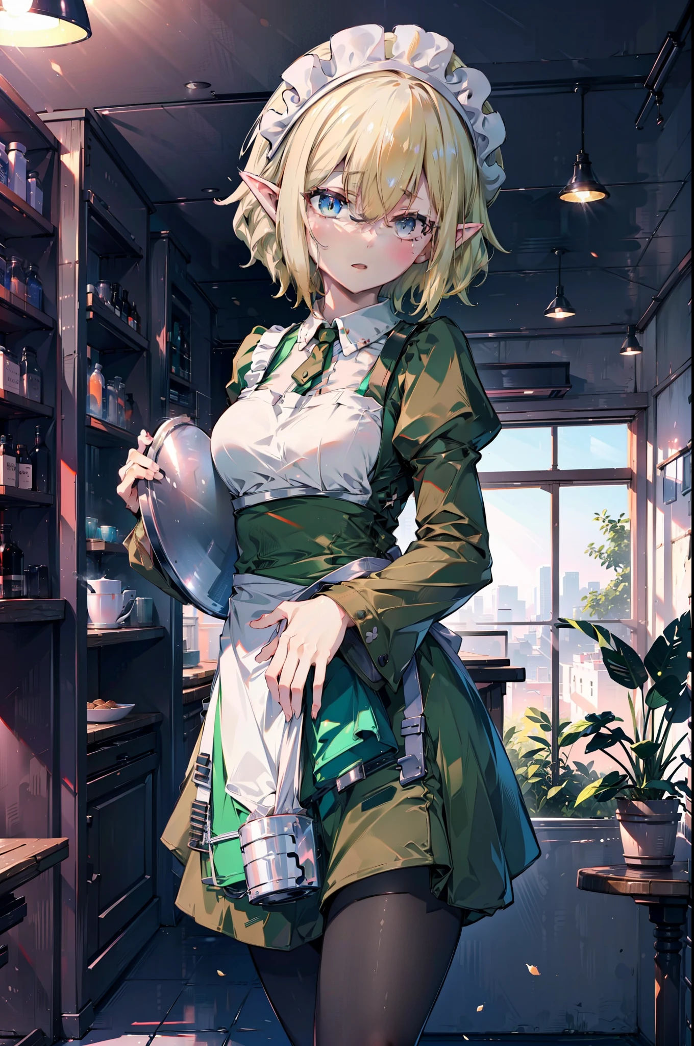 Ryurion, Ryu Lion, Blonde Hair, blue eyes, Fairy, Hair between the eyes, Pointy Ears, short hair, (Small breasts:1.2),
Break Apron, black pantyhose, dress, green dress, Long sleeve, Maid, Maid apron, Maid headdress, pantyhose, White apron,tray, tray in one hand,Stiletto heels,
壊す looking at viewer,whole body, (Cowboy Shot:1. 5)
Indoor rest, Destroy the coffee shop (masterpiece:1.2), highest quality, High resolution, unity 8k wallpaper, (shape:0.8), (Beautiful details:1.6), Highly detailed face, Perfect lighting, Extremely detailed CG, (Perfect hands, Perfect Anatomy),