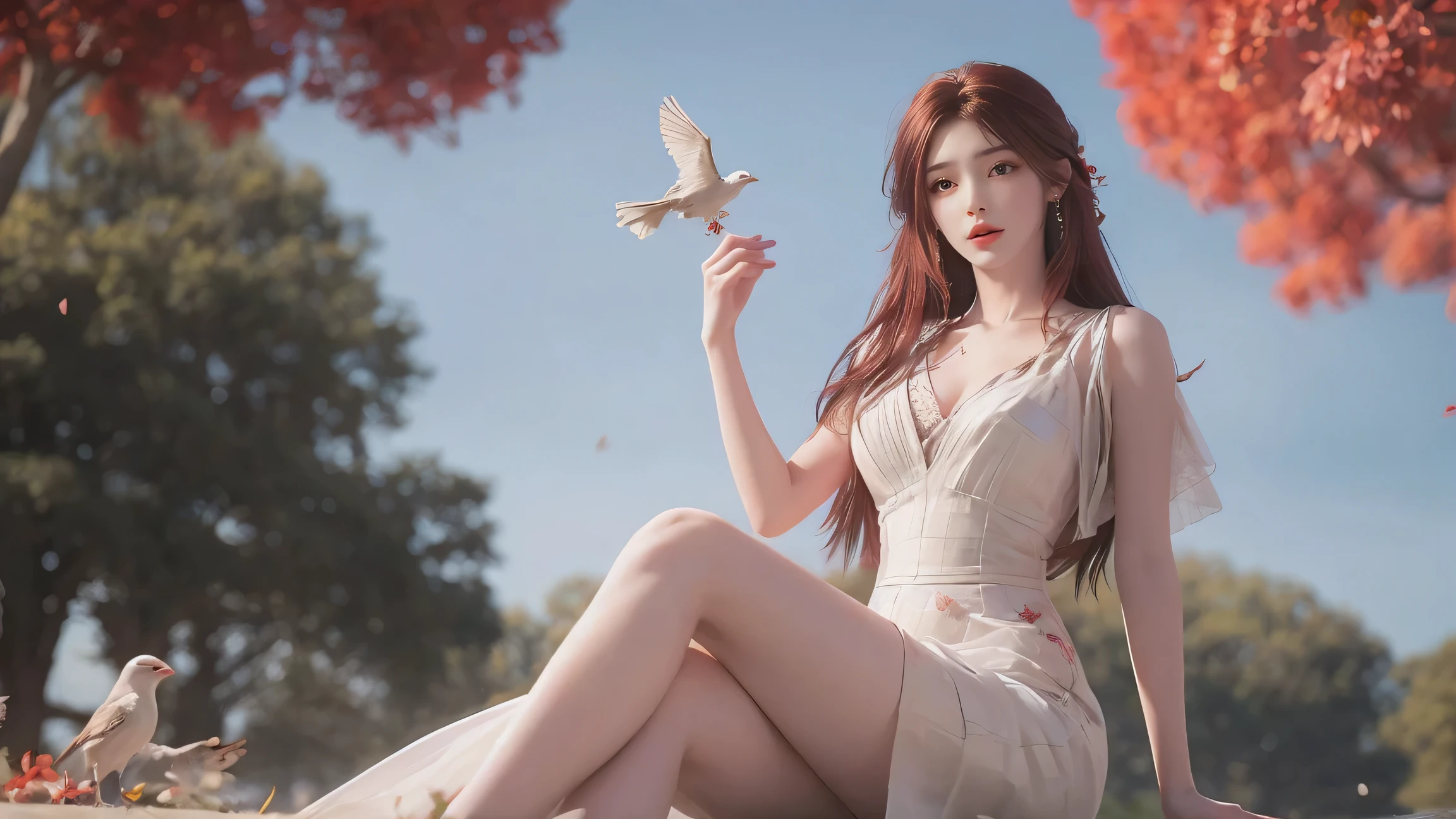 8k ultra alta definición, mastmis, una mujer, buena cara, detallado, Eyes, hermosos labios, pelo muy rojo, cabello despeinado, pechos medianos, Vestido de novia, vestido blanco, en el parque, pájaros volando, sopla el viento, Tiempo despejado, Sesión, Captura de cuerpo completo,