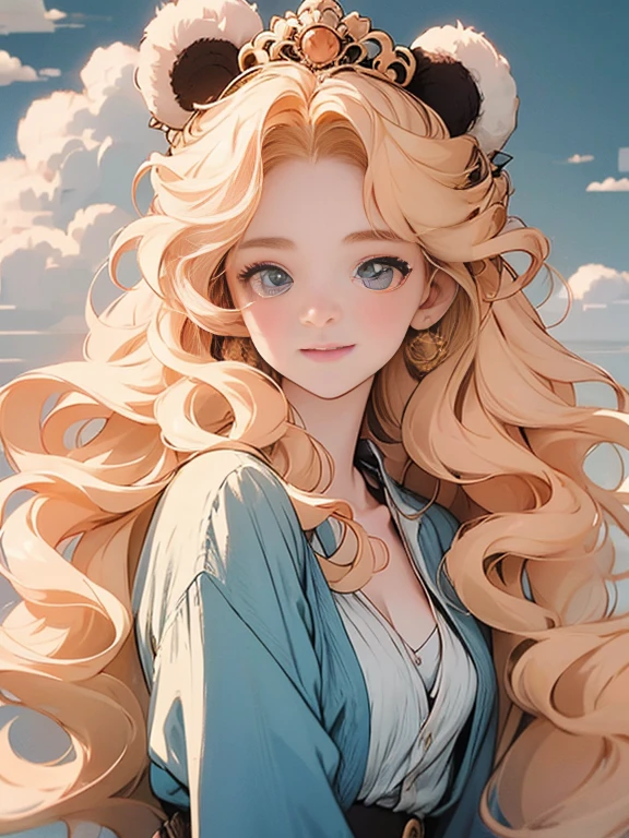 tmasterpiece， high high quality， cinematic Film still from， one-girl，Golden hair，Sunflowers are worn on the head， floating in sky， Cloud Girl， Clouds， （closeup cleavage： 1.1）， brightly， cheerfulness， intriguing， gentlesoftlighting， （bauhause， Shape， lineworks， abstracted： 1.1）， panda ears，