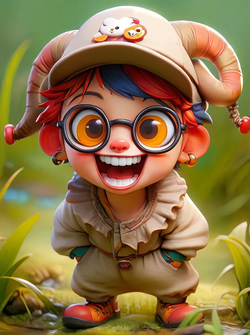 (chibi)，(masterpiece, top quality, best quality, official art, beautiful and aesthetic:1.2), cute lamb ip,koi,chibi face,grass,red scar, laugh,beautiful dress, cute cartoon diagonal shoulder bag, orange cartoon glasses, yellow pattern wool cap, 1fkxc1