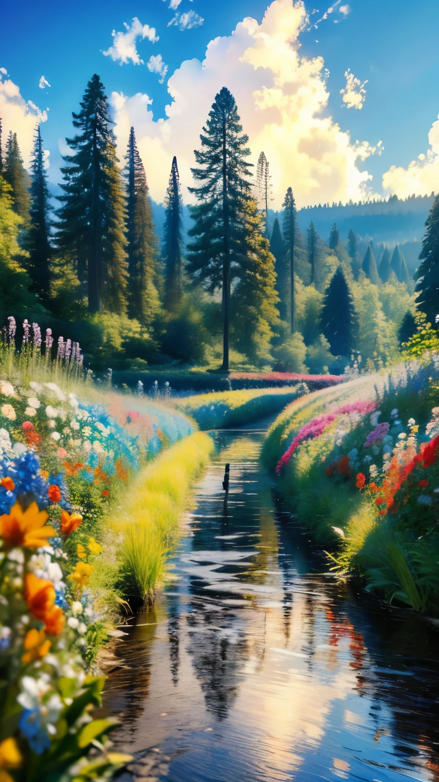 Sunny day landscape images, Only landscapes with flowers, Flower Field, unmanned, There are no animals, Lively and childlike, Art Style, comics, artistic, Soft color palette, As if blown by the wind々Various kinds of flowers, Luminance, Magical Pictures, Soft lighting, Light background, Realistic photos, Very detailed, 4K, High resolution, Ultra-thin Sharp,  high quality, Individuality, Beautiful colors, 3D Rendering,  