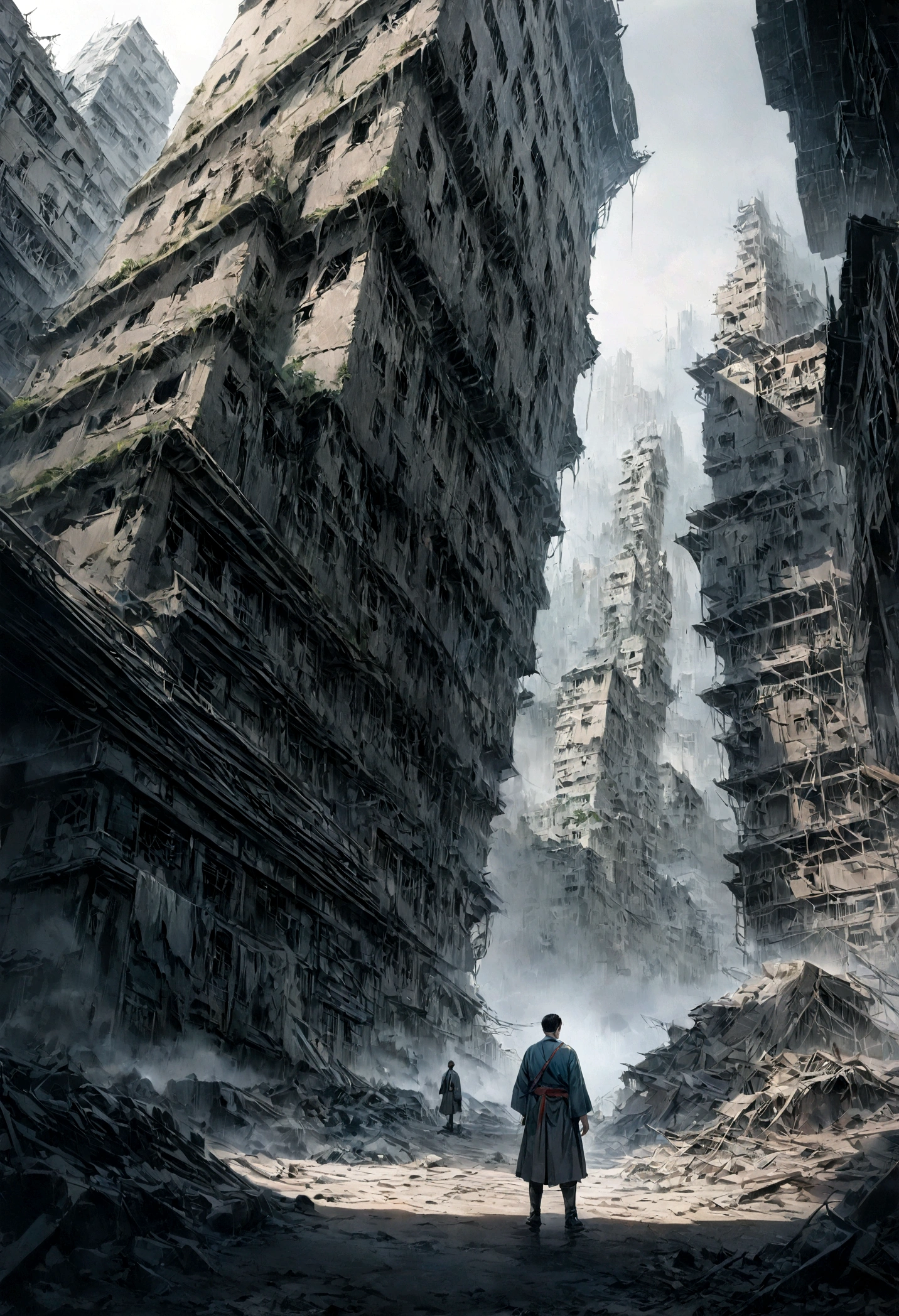 Boy in Japanese uniform、Calm expression、Crumbling cityscape、The rubble that appeared、Detailed line drawing、Very detailed、Intricate details、Calm colors、Dramatic Cinematic Lighting、Dystopia、Concept Art、Digital Painting、8K、High resolution、Photorealistic