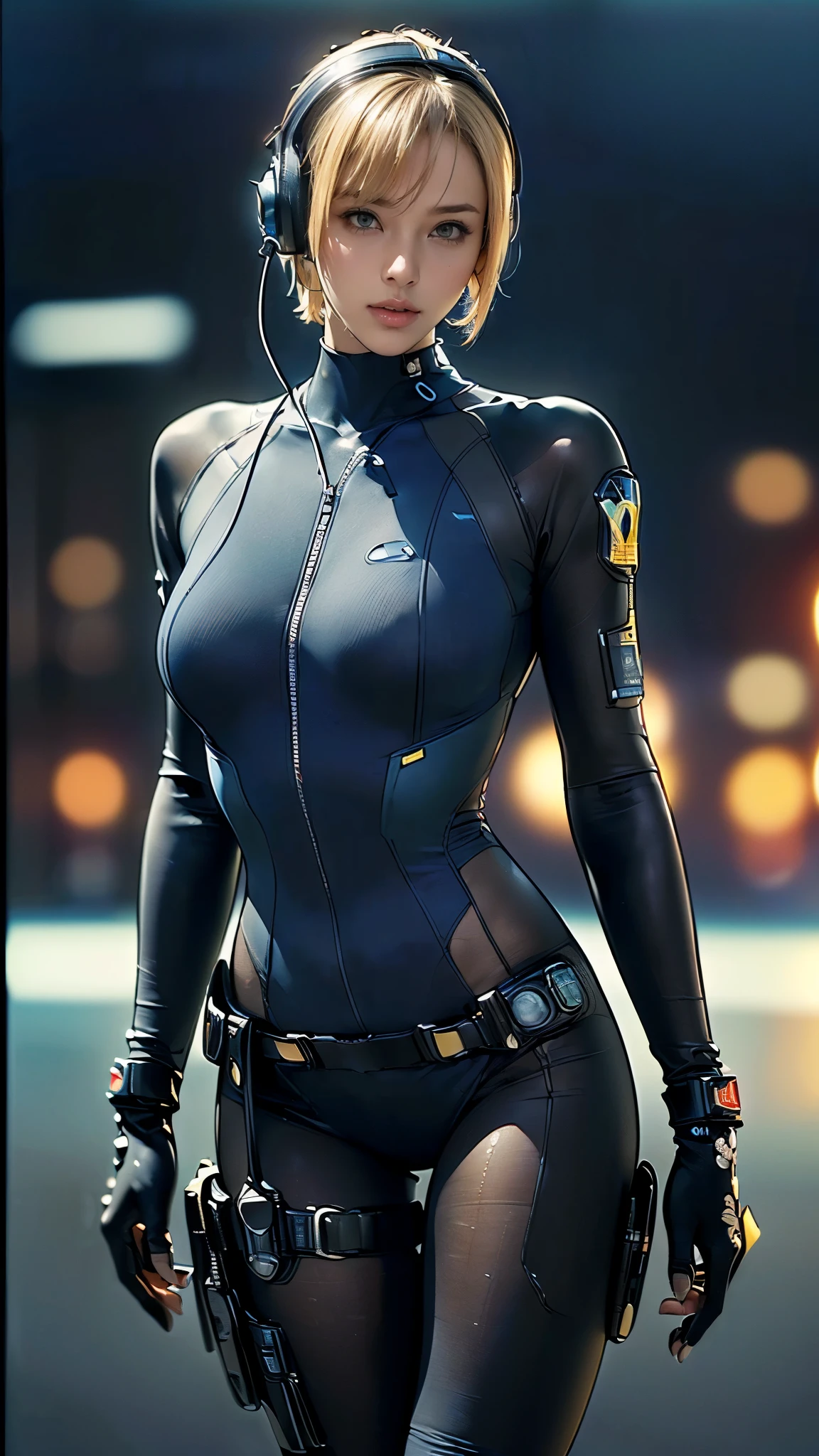 (One Woman),(((A female member of the future police force is standing))),((Navy blue tactical bodysuit:1.5)),((headset:1.5)),((Tactical Holster:1.5)),(Gloves:1.5),(serious:1.5),(extra short hair:1.5),(bionde:1.5),(Beautiful Eyes:1.3),(Very detailedな顔:1.5),((Very detailed drawing of a female hand:1.5)),((muscular:1.5)),(Sexy Looks:1.5),((Thick thighs:1.5)),(Beautiful body:1.5),((Very sensual:1.5)),(The background is a futuristic city:1.5),(Cyberpunk atmosphere:1.5),(((Blur the background:1.5))),(Written boundary depth:1.5),BREAK(((masterpiece:1.5),(highest quality:1.5),(Very detailed:1.5),(High resolution:1.5),(Realistic:1.5),(Realistic:1.5),(Delicate depiction),(Careful depiction))),8K,wallpaper