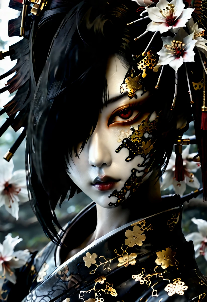 (geisha cyborg cybernetic organism 32k--9:16 años) máscara de fibra de carbono, Contrata fotografía profesional de la más alta calidad., hermosa forma de cara, anatomía perfecta, mirada expresiva, oscuro pantano de ciencia ficción de flores podridas, niebla brumosa, tatuajes de cyborgs- geishas, ​​filigrana negra y dorada, minimalism. (geisha cyborg, cybernetic organism, longitud total, Gran angular, centrado, sin recortar) - con 9:16 --con 9:16 --estilo crudo --estilizar 1000. Christophe M.
