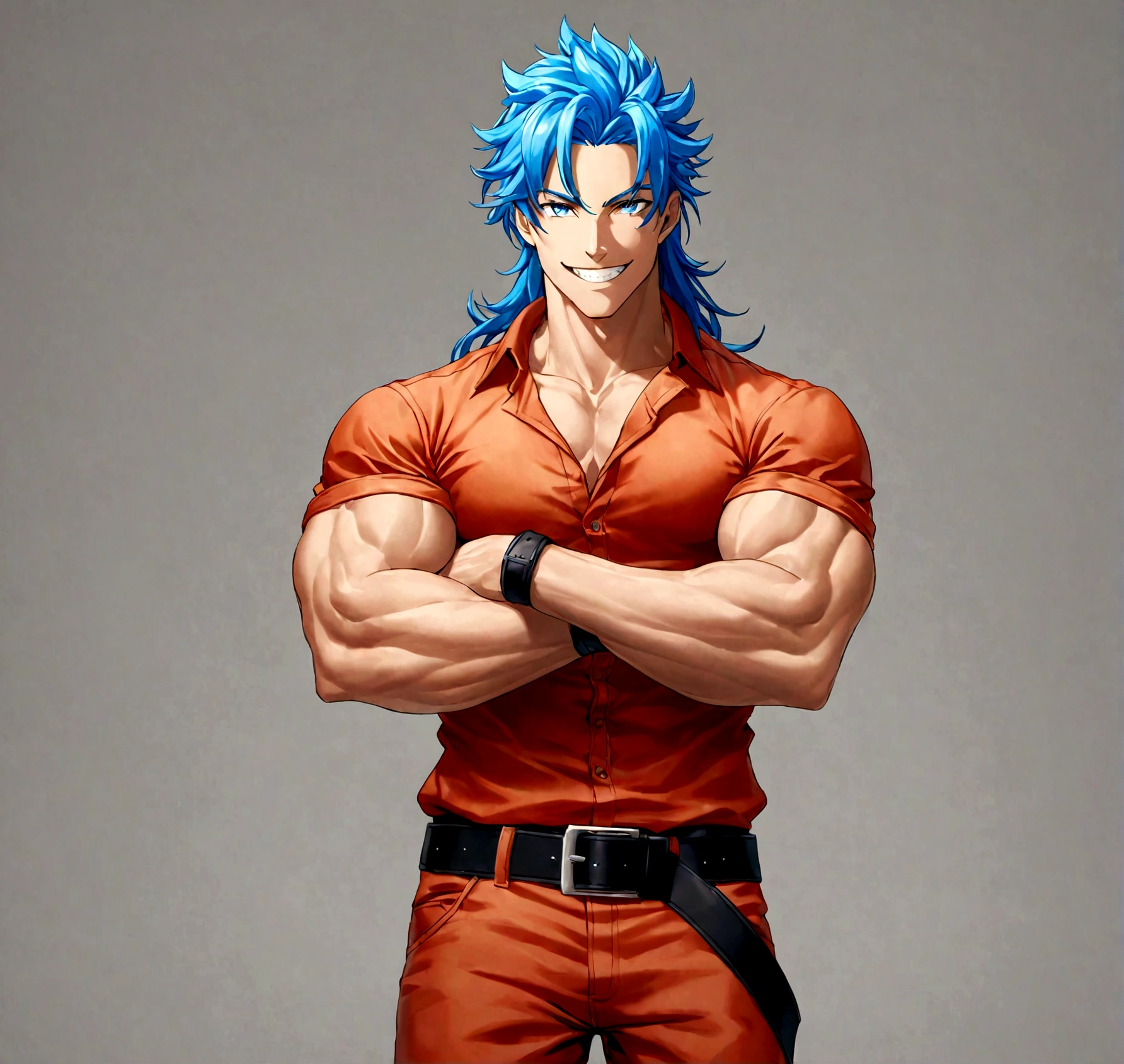 solo, long hair, looking at viewer, smile, blue eyes, simple background, shirt, 1boy, blue hair, male focus, cowboy shot, teeth, belt, pants, grey background, grin, muscular, own hands together, muscular male, sleeves rolled up, black belt