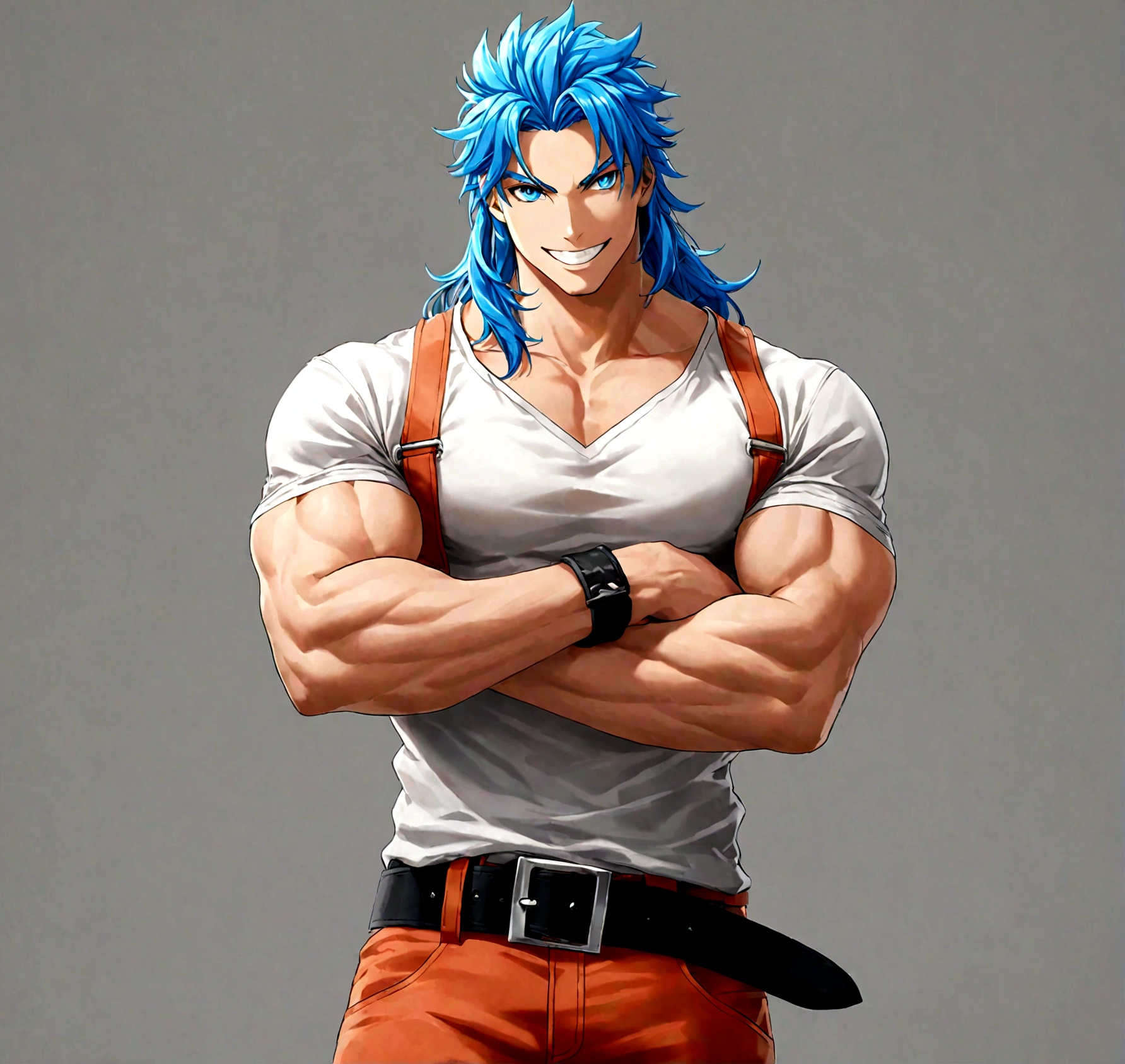 solo, long hair, looking at viewer, smile, blue eyes, simple background, shirt, 1boy, blue hair, male focus, cowboy shot, teeth, belt, pants, grey background, grin, muscular, own hands together, muscular male, sleeves rolled up, black belt