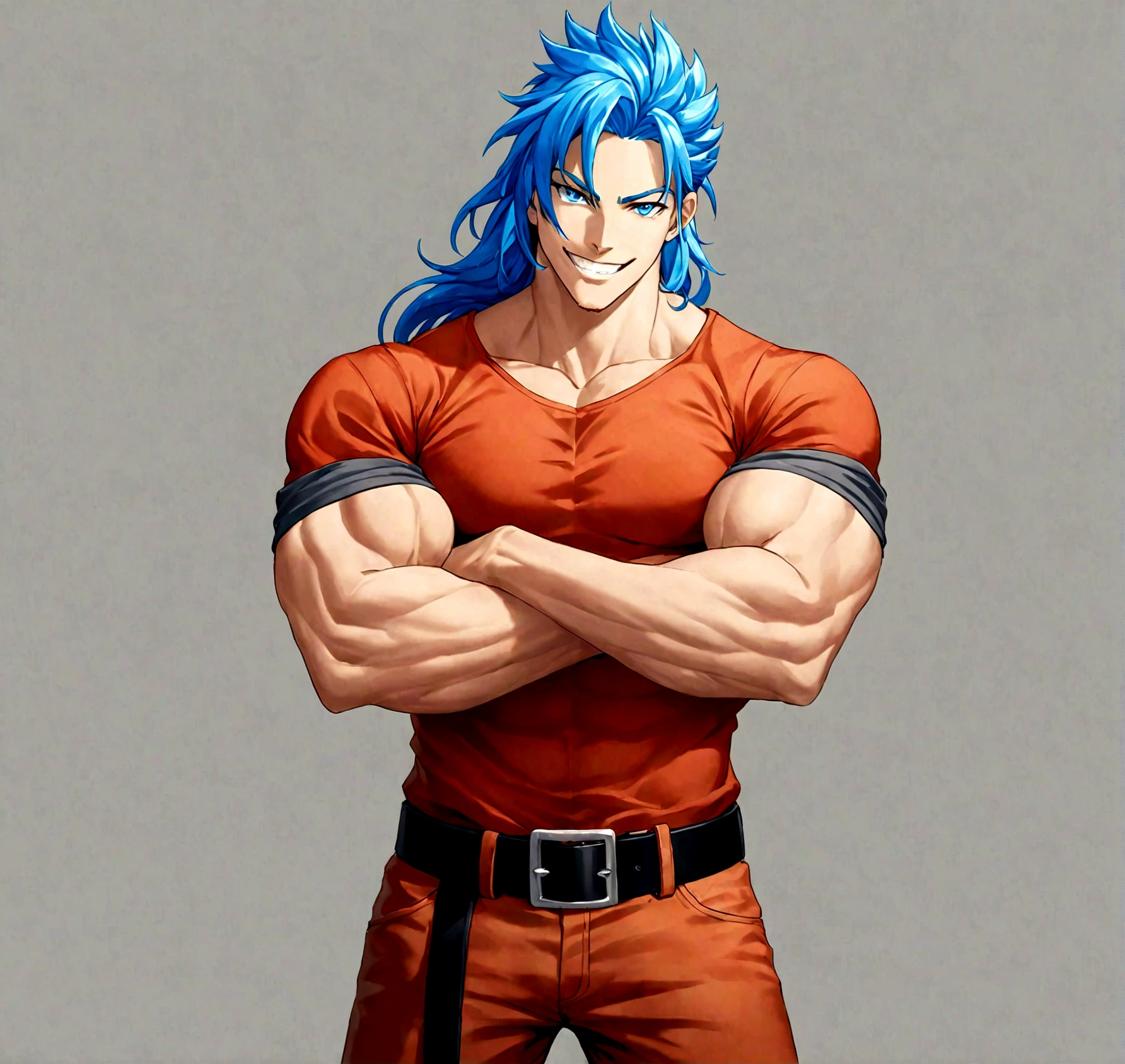 solo, long hair, looking at viewer, smile, blue eyes, simple background, shirt, 1boy, blue hair, male focus, cowboy shot, teeth, belt, pants, grey background, grin, muscular, own hands together, muscular male, sleeves rolled up, black belt