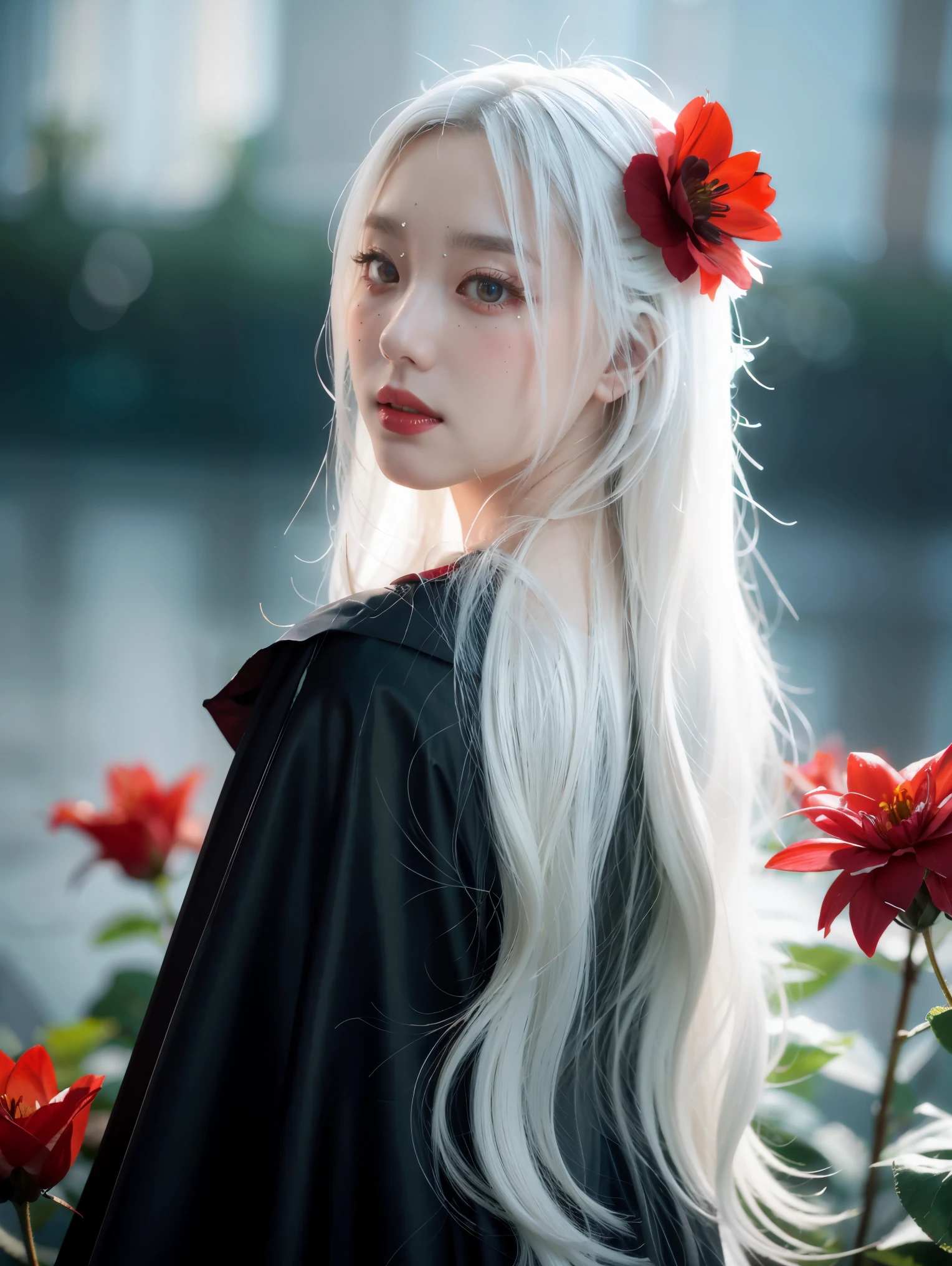 1girl,solo,1girl,solo,((beautiful detailed eyes)), (detailed light),depth of field,(white hair),silver eyes,hair over one eye,(red flower ), hair flower,long hair,black cloak,wet,emotionless,looking back,night,starfall,raining,fog,red flowers falling,sketch,upper body,intense shadows,