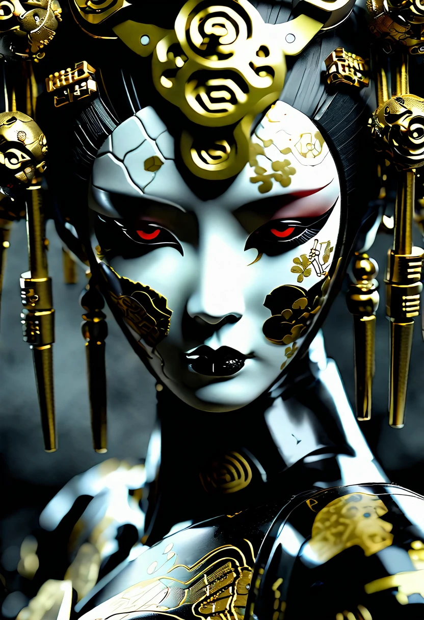 (cyborg geisha cybernetic organism 32k--9:16-ar) carbon fiber mask, hires professional photography of the highest quality, beautiful face shape, perfect anatomy, expressive gaze, dark sci-fi swamp of rotten flowers, misty fog, cyborg tattoos- geishas, ​​black and gold filigree, minimalism. (cyborg geisha, cybernetic organism, full-length, wide angle, centered, no cropping) - AR 9:16 --ar 9:16 --style raw --stylize 1000. Christophe M.
