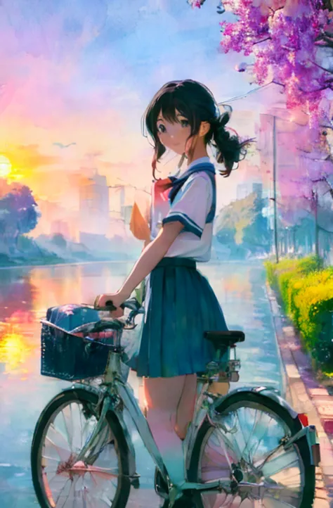 (masterpiece, highest quality:1.2), reality、Girl on a bicycle, alone、Junior high school girl，Summer uniform、Fluttering skirt，pos...