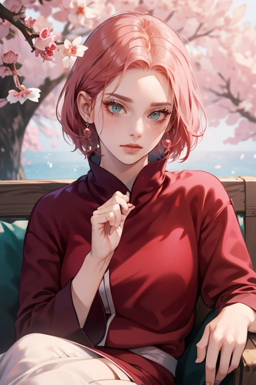 jeune femme, peau pâle, cheveux courts rose bubblegum, front large, yeux vert émeraude, nez boutonné, lèvres pêche, Coeur en forme de visage, mince, vêtements rouges, Sakura Haruno, 3D, le réalisme, visage angélique, Maya dans le réseau
