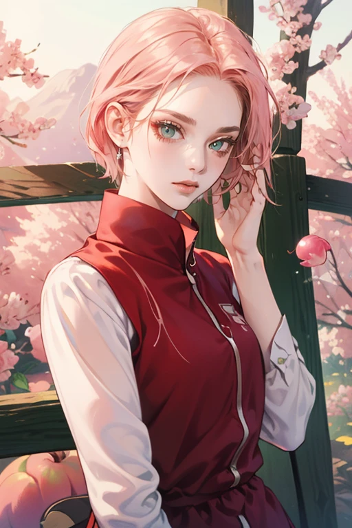 junge Frau, blasse Haut, kurzes kaugummipinkes Haar, breite Stirn, smaragdgrüne Augen, geknöpfte Nase, Pfirsichfarbene Lippen, Herzförmiges Gesicht, slender, rote Kleidung, Sakura Haruno, 3D, Realismus, Himmlisches Gesicht, Maya im Netz
