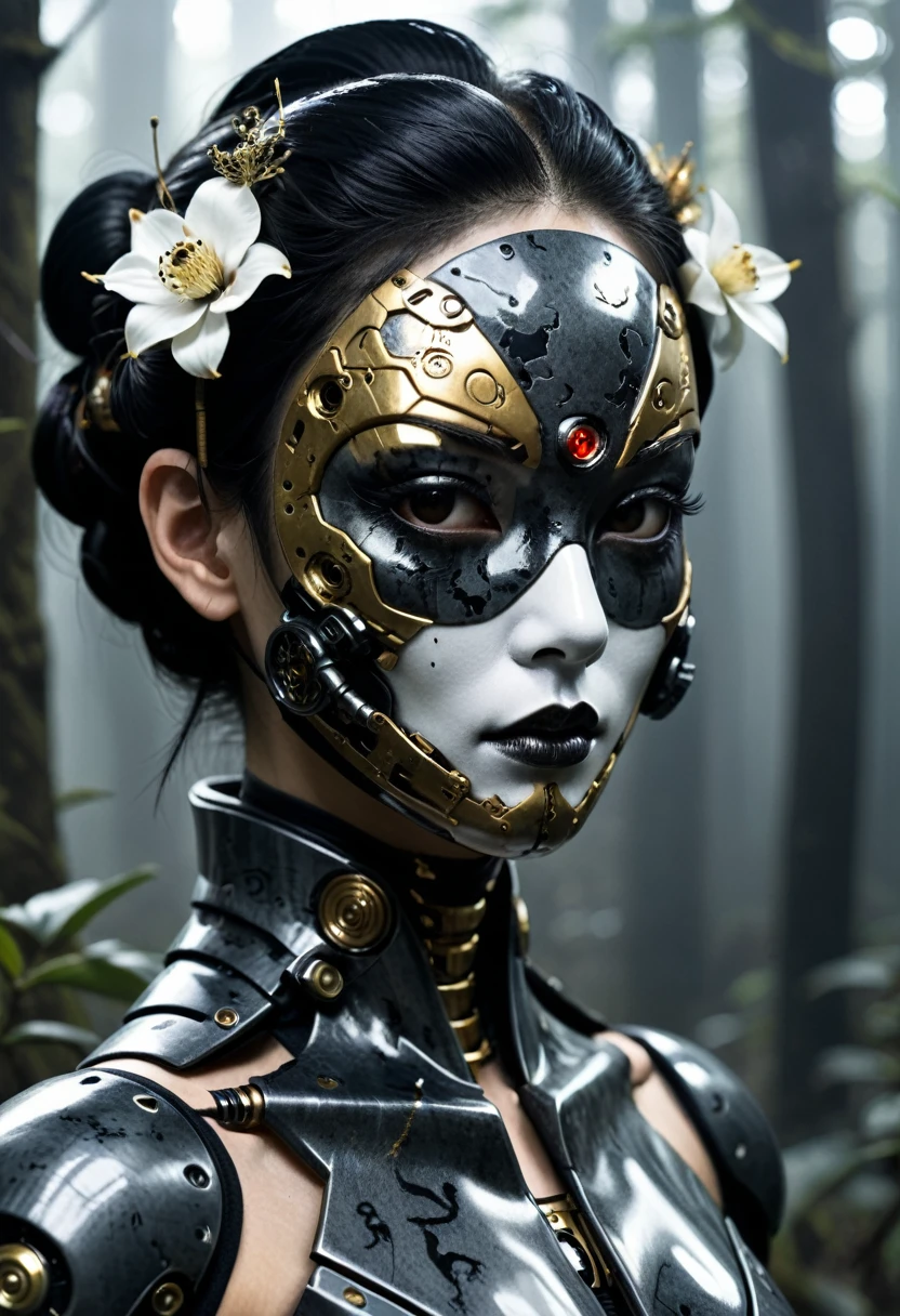 (cyborg geisha cybernetic organism 32k--9:16-ar) carbon fiber mask, hires professional photography of the highest quality, beautiful face shape, perfect anatomy, expressive gaze, dark sci-fi swamp of rotten flowers, misty fog, cyborg tattoos- geishas, ​​black and gold filigree, minimalism. (cyborg geisha, cybernetic organism, full-length, wide angle, centered, no cropping) - AR 9:16 --ar 9:16 --style raw --stylize 1000. Christophe M.
