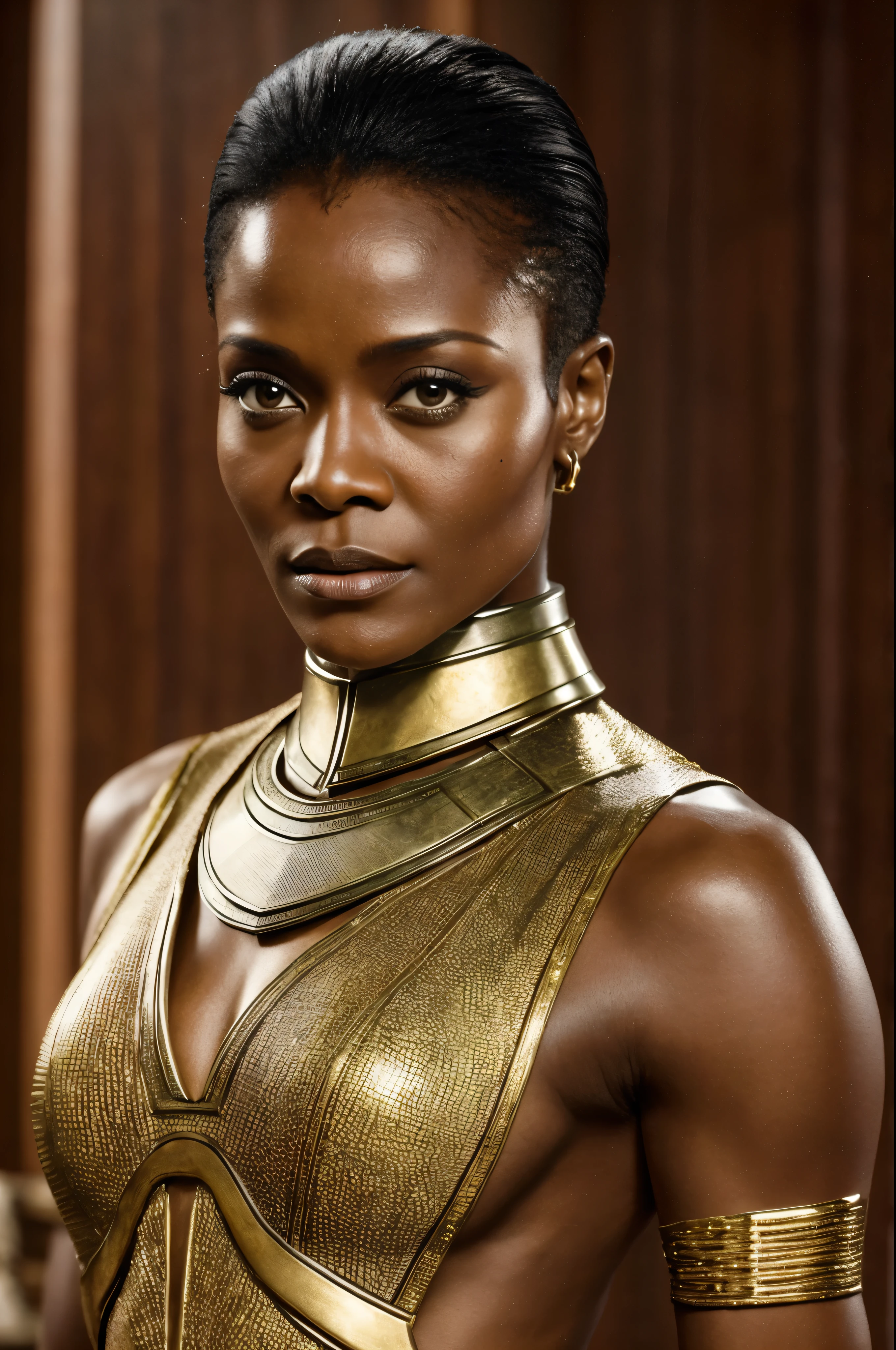 Extremely gorgeous, stunning beauty, Theresa Randle AS A WAKANDAN WARRIOR, DETAILS, GOOD SKIN, highly detailed, skin pores, sharp focus, amazing details, 