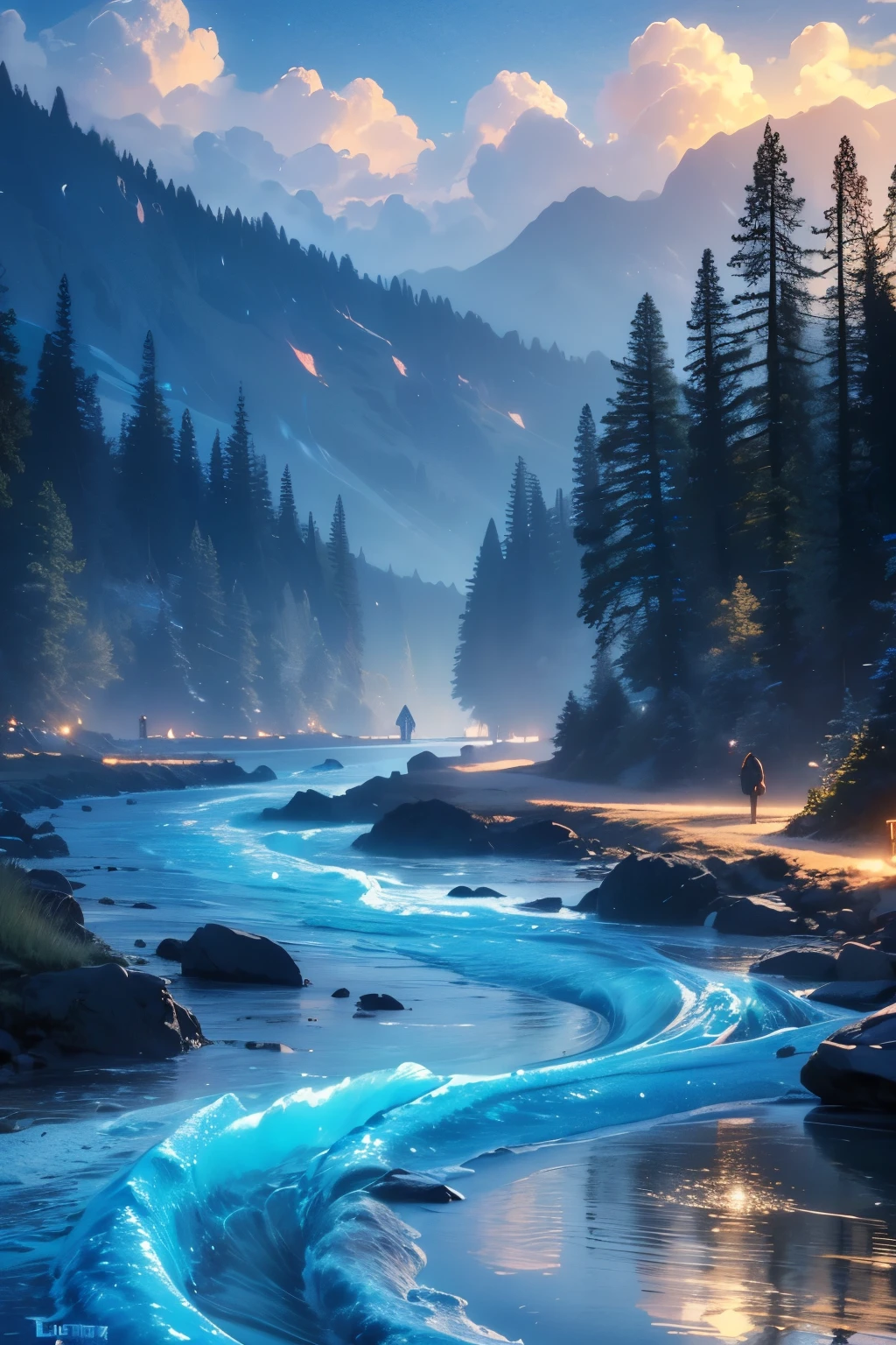 (magical pretty nulo blue stream overlay scene), (nulo), (nuvem), iluminação suave, fundo limpo, beautiful nulo scenery, Obra de arte, alta qualidade, Belos gráficos, Alto detalhe,por Thomas Kinkade, estação de arte, foco nitído, Papéis de parede inspiradores de 8k,