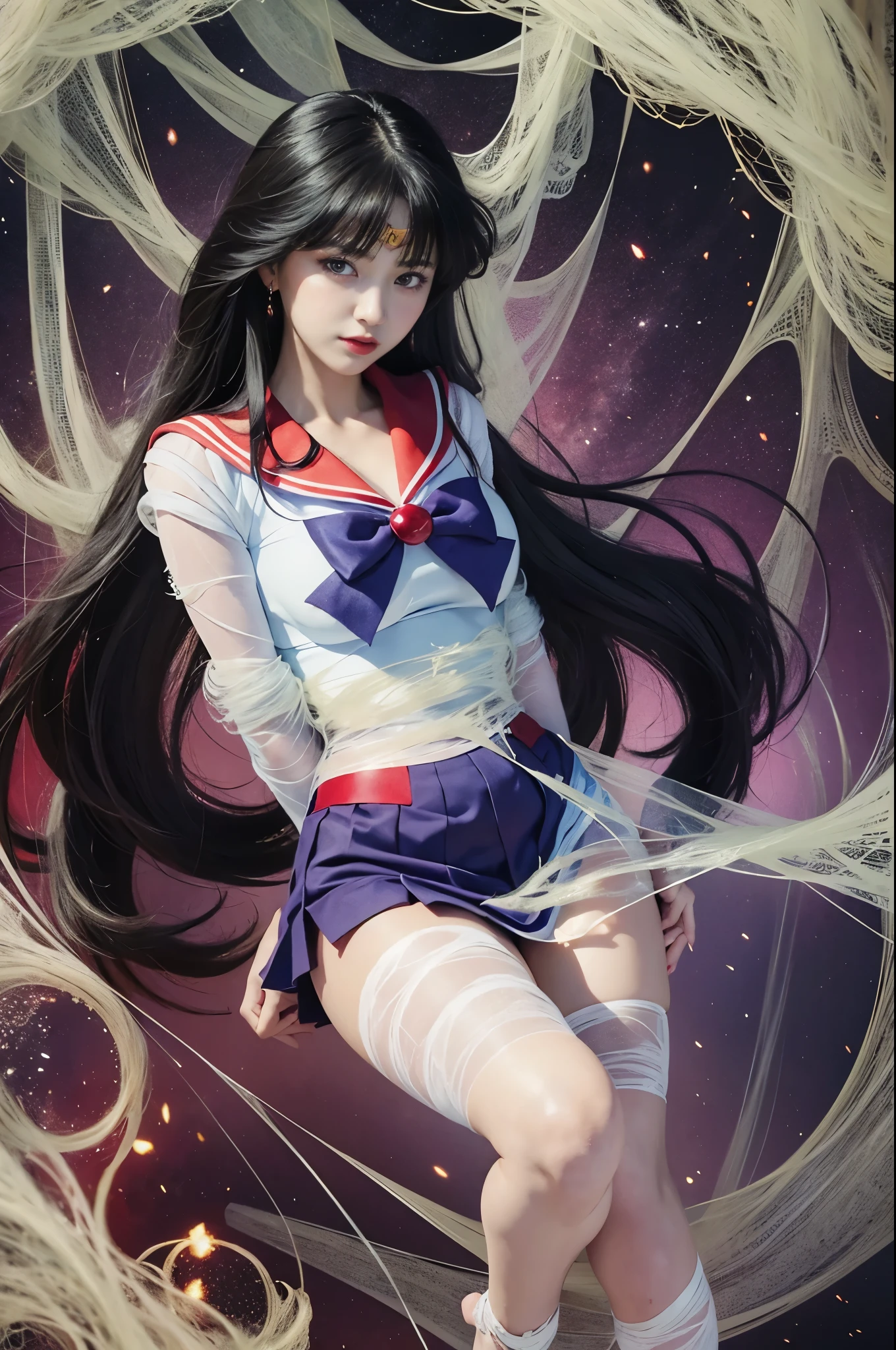 Sailor Mars, Both arms are tied, arms bound behind back, Both legs are tied, Tied up, Uniform is tied up, spiderweb, たくさんのsilk糸, silk, masterpiece, Very high definition, Cinematic, exciting, silk, Desperate to escape, Desperate escape attempts, impotence, close, Depicted to the toes, Spider web, Emotionally intense, trap,