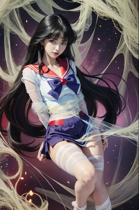 Sailor Mars, Both arms are tied, arms bound behind back, Both legs are tied, Tied up, Uniform is tied up, spiderweb, たくさんのsilk糸,...