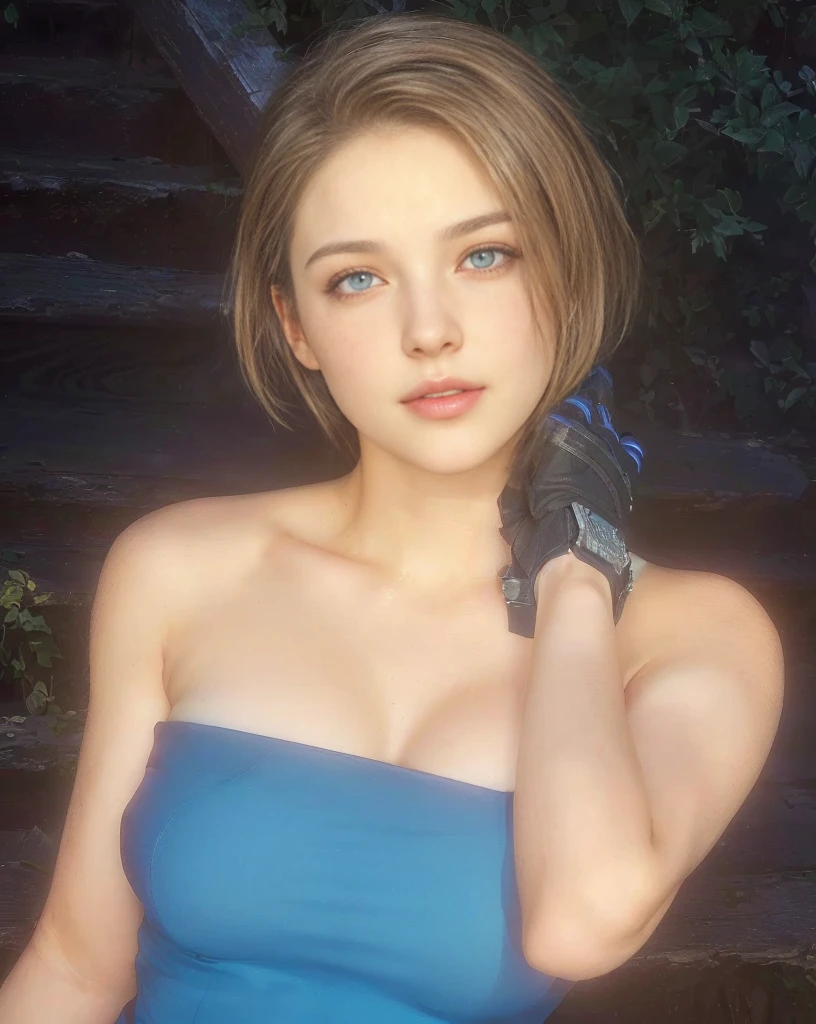 Jill Valentine, clear blue eyes, (best qualityer,ultra detali),(realisitic:1.37), beautiful and detailed face, ultra-realisitic texture, 精致的面容, Delicate body, red lipgloss stick, bright coloured. High definition, 8k. athletic body.