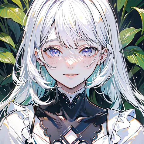 One girl、White Hair、Bob Hair、trimmed bangs、Black long sleeve dress、Lilac eyes、Cute Smile、The background is a lot of green plants...
