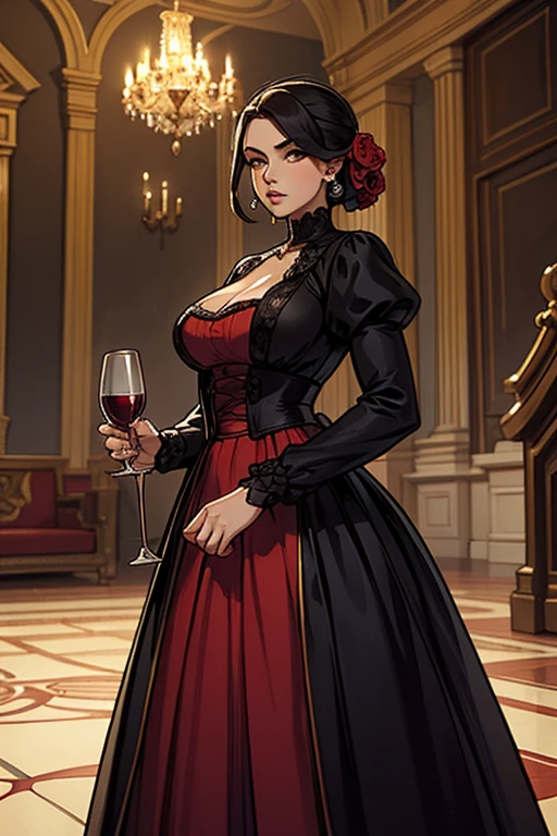 (1 garota, longos cabelos ruivos, olhos vermelhos, thin lips, rosto redondo, seios enormes cobertos, quadris largos, wearing clothes of the Victorian aristocracy,um vestido vermelho de gala,uma duquesa, arrogant and ironic look, standing holding a glass of wine, olhando para o espectador , palace gala hall scenery,SFW