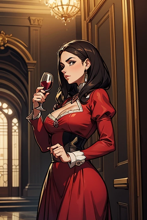 (1 garota, longos cabelos ruivos, olhos vermelhos, thin lips, rosto redondo, seios enormes cobertos, quadris largos, wearing clothes of the Victorian aristocracy,um vestido vermelho de gala,uma duquesa, arrogant and ironic look, standing holding a glass of wine, olhando para o espectador , palace gala hall scenery,SFW