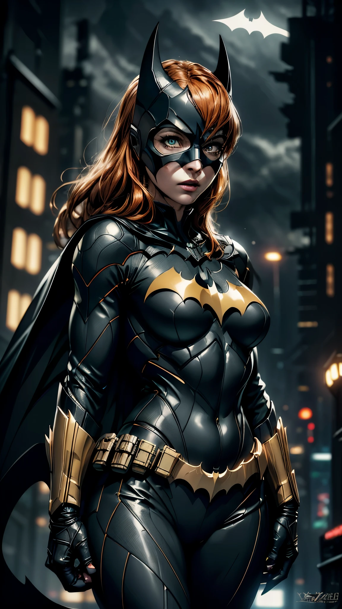 ((Batgirl in a high-tech vigilante suit with Batman symbol on chest, orange hair and light eyes, in a dark night of Gotham city, cape flowing in the wind)),(best quality,4k,8k,highres,masterpiece:1.2),ultra-detailed,(realistic,photorealistic,photo-realistic:1.37),detailed facial features,extremely detailed eyes and face,longeyelashes,intricate costume details,dramatic lighting,moody atmosphere,cinematic composition,((leds Yellow)), usando capuz do Batman 