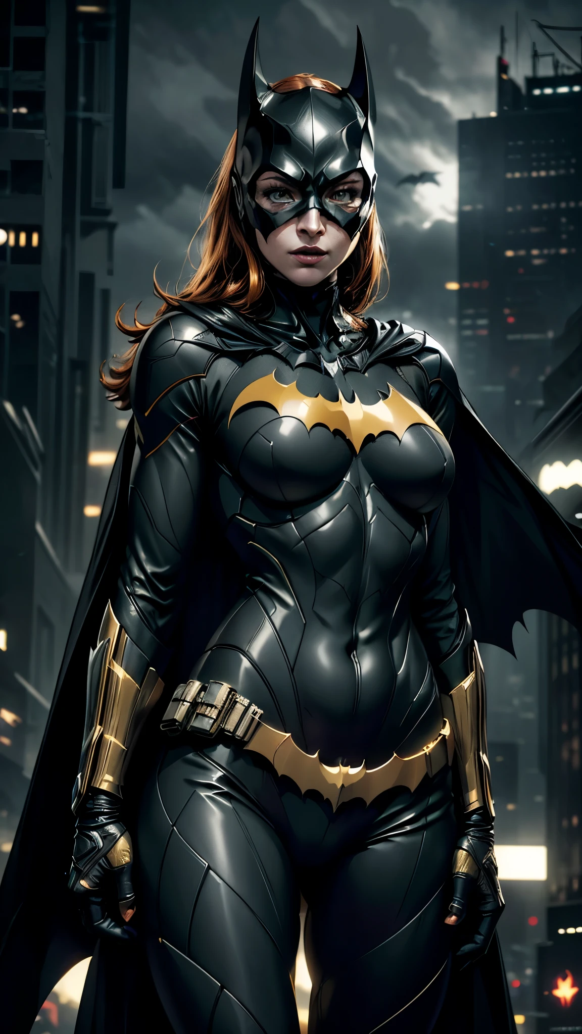 ((Batgirl in a high-tech vigilante suit with Batman symbol on chest, orange hair and light eyes, in a dark night of Gotham city, cape flowing in the wind)),(best quality,4k,8k,highres,masterpiece:1.2),ultra-detailed,(realistic,photorealistic,photo-realistic:1.37),detailed facial features,extremely detailed eyes and face,longeyelashes,intricate costume details,dramatic lighting,moody atmosphere,cinematic composition,((leds Yellow)), usando capuz do Batman 