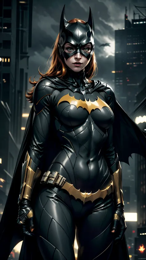 ((Batgirl in a high-tech vigilante suit with Batman symbol on chest, orange hair and light eyes, in a dark night of Gotham city,...