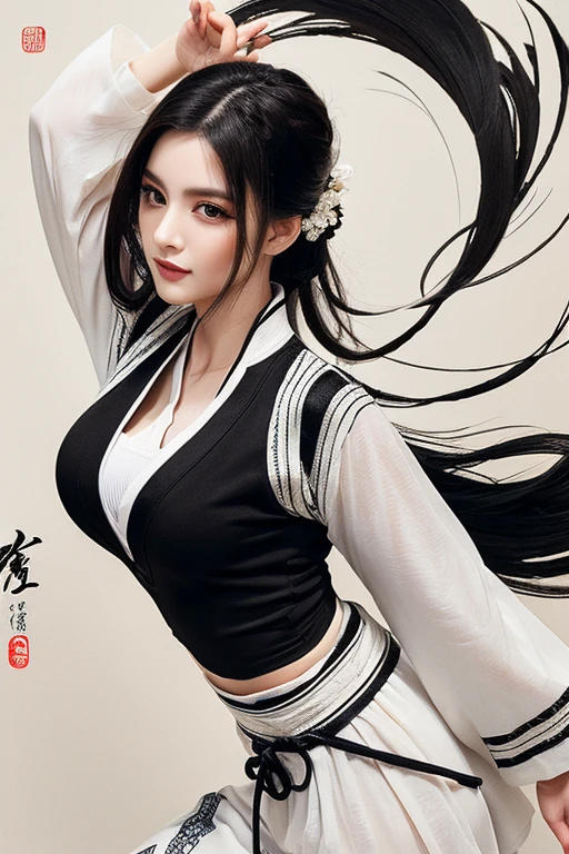 (best quality,highres,masterpiece:1.2),ultra-detailed,full body shot,beautiful detailed eyes,beautiful detailed lips,extremely detailed eyes and face,longeyelashes,sexy woman practicing Kung Fu,artwork made with traditional Chinese ink painting,graceful movements,flowing black hair,energetic and fierce expression,fit and muscular body,flexible martial arts poses,dynamic dark lighting,blending of traditional and modern elements,subtle color palette,ink wash painting style,brush strokes depicting power and elegance.