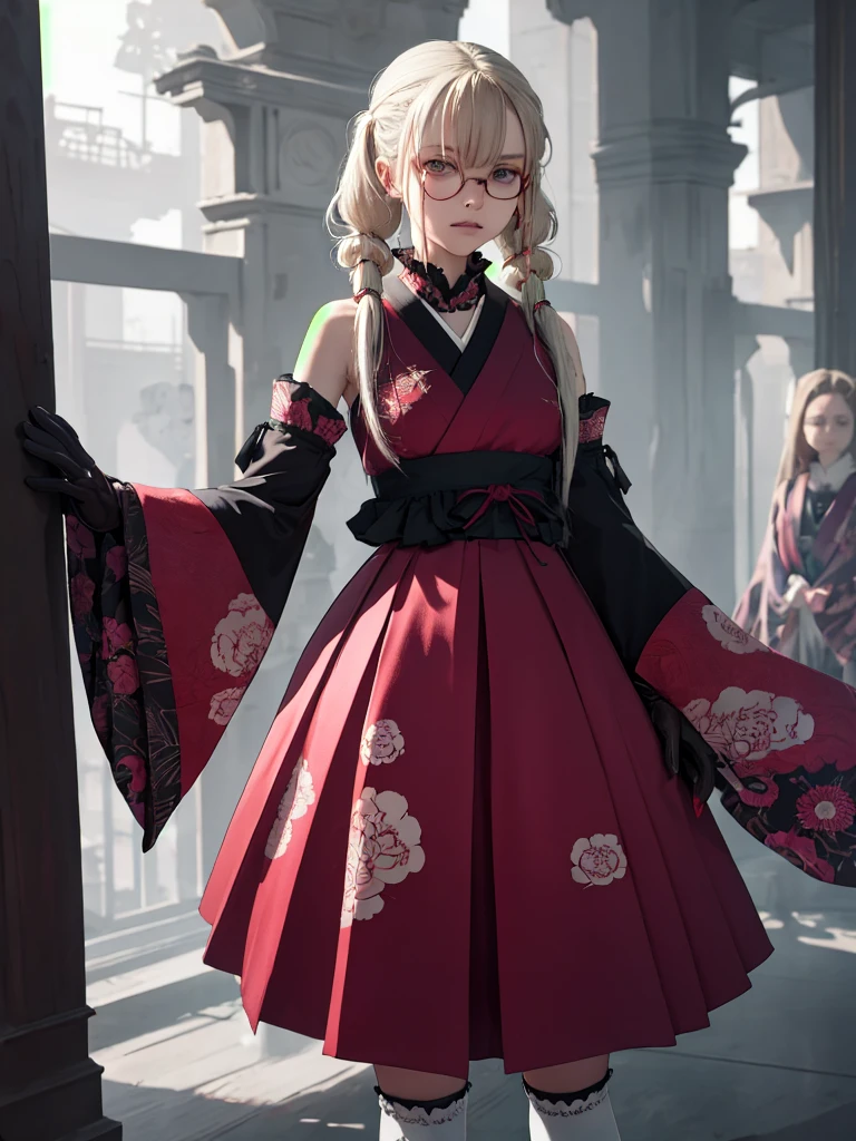(masterpiece, highest quality, Intricate details, Ultra-detailed, Very detailed), SF, future, cyber punk, One girl, alone, Cowboy Shot, Two-tone hair, Gloves, Low twin tails, short hair, Frills, kimono, Hair Flowers, Wide sleeves, kimono, White knee socks, zettai ryouiki, Floral print, skirt, Removable sleeves, glasses, adjusting Glovess, 