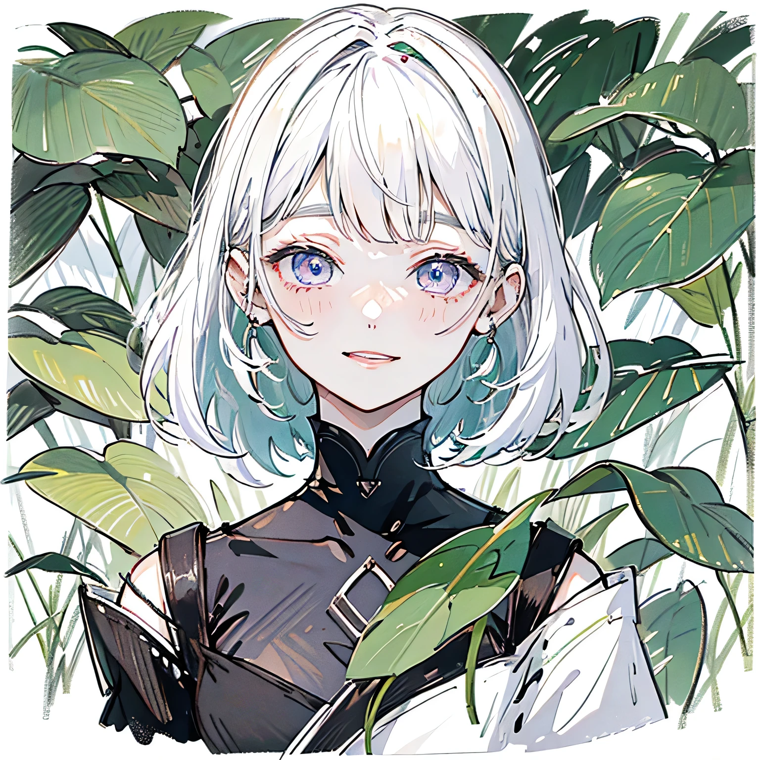 One girl、White Hair、Bob Hair、trimmed bangs、Black long sleeve dress、Lilac eyes、A cute smiling face、Bright expression、The background is a lot of green plants、About 22 years old、Drawing from face to shoulders