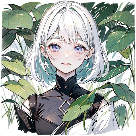 One girl、White Hair、Bob Hair、trimmed bangs、Black long sleeve dress、Lilac eyes、A cute smiling face、Bright expression、The backgrou...