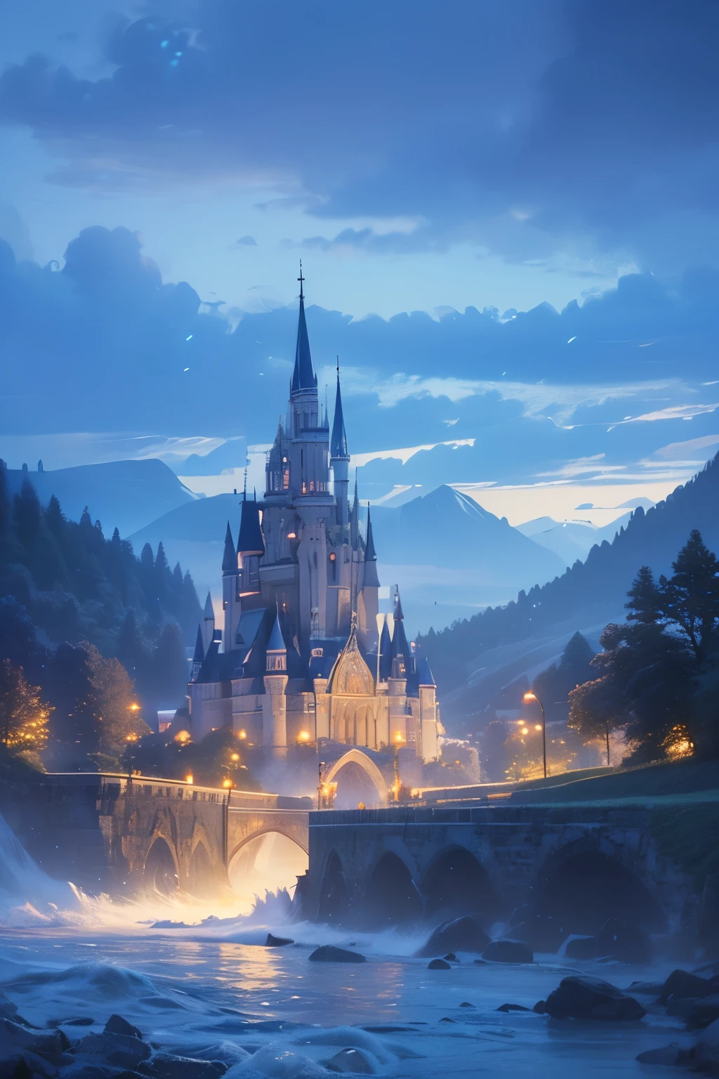 (magical pretty null blue stream overlay scene), (null), (cloud), Soft lighting, Clean background, beautiful null scenery, masterpiece, high quality, Beautiful graphics, High detail,By Thomas Kinkade, Art Station, Sharp focus, Inspiring 8k wallpapers, floating castle above the lake