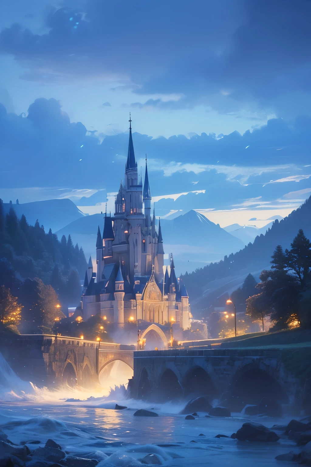 (magical pretty nulo blue stream overlay scene), (nulo), (nube), iluminación suave, fondo limpio, beautiful nulo scenery, Obra maestra, alta calidad, hermosos gráficos, alto detalle,por Thomas Kinkade, estación de arte, enfoque nítido, Inspiradores fondos de pantalla 8K, castillo flotante sobre el lago