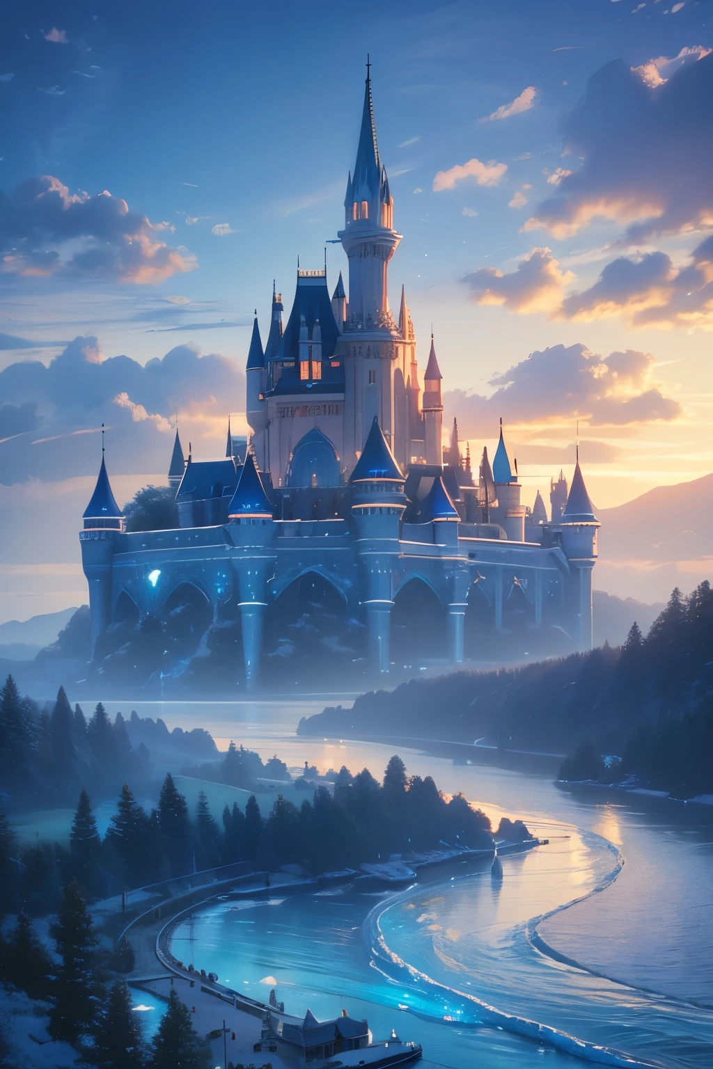 (magical pretty null blue stream overlay scene), (null), (cloud), Soft lighting, Clean background, beautiful null scenery, masterpiece, high quality, Beautiful graphics, High detail,By Thomas Kinkade, Art Station, Sharp focus, Inspiring 8k wallpapers, floating castle above the lake