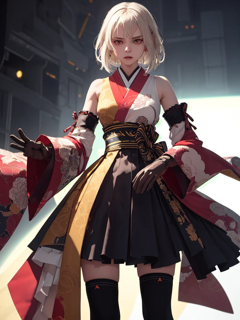 (masterpiece, highest quality, Intricate details, Ultra-detailed, Very detailed), SF, future, cyber punk, One girl, alone, Cowboy Shot, Two-tone hair, Gloves,  short hair, Frills, kimono, Wide sleeves, kimono, White knee socks, zettai ryouiki, Space print, skirt, Removable sleeves,,adjusting Glovess, 