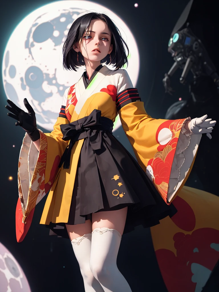 (masterpiece, highest quality, Intricate details, Ultra-detailed, Very detailed), SF, future, cyber punk, One girl, alone, Cowboy Shot, Two-tone hair, Gloves,  short hair, Frills, kimono, Wide sleeves, kimono, White knee socks, zettai ryouiki, Space print, skirt, Removable sleeves,,adjusting Glovess, 