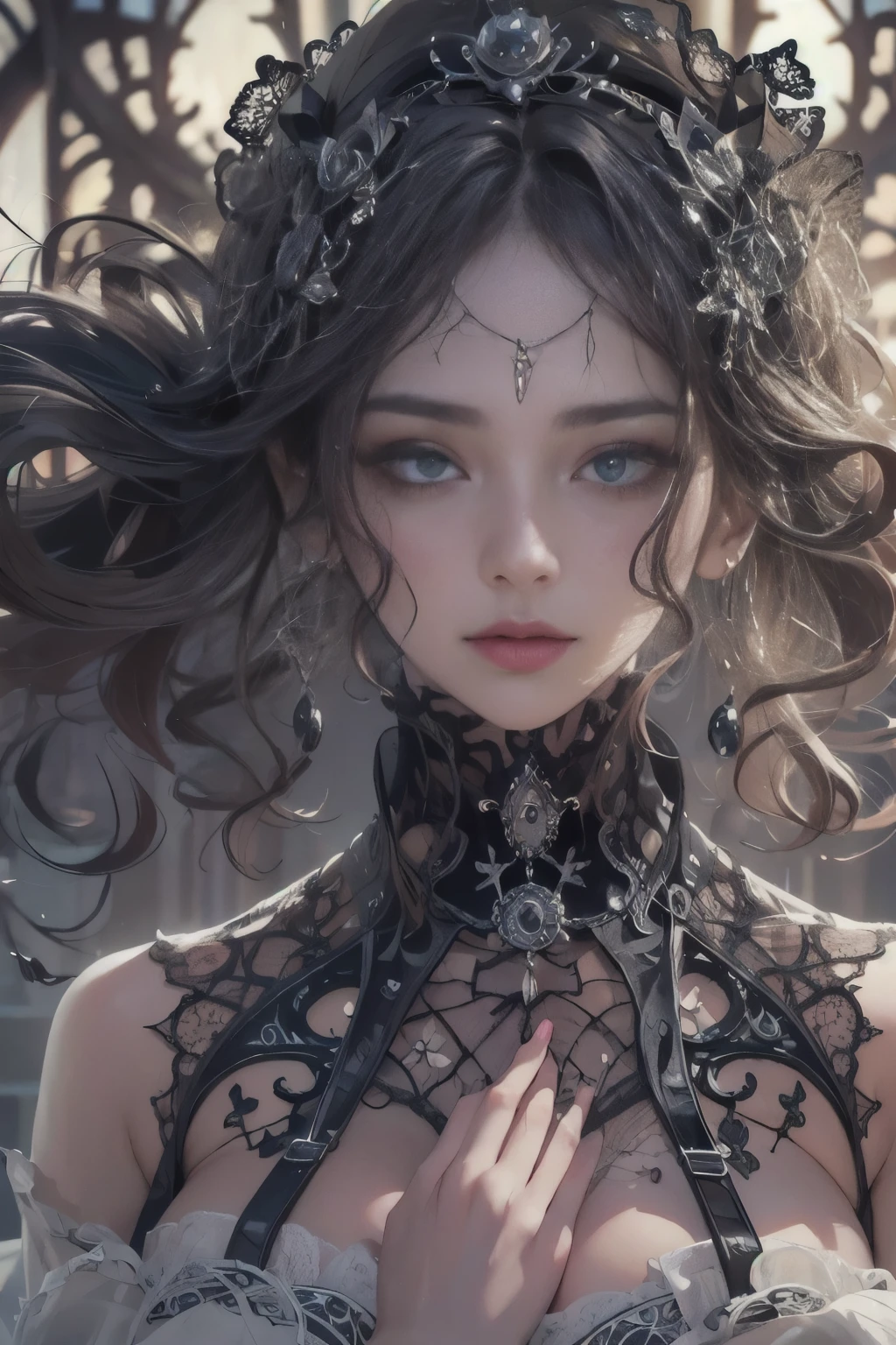Official Art, Unity 8k wallpaper, super detailed, beautiful, beautiful, masterpiece, best quality, darkness, atmosphere, mystery, romanticism, creepy, literature, art, fashion, victorian, decoration, intricacies, ironwork, lace, contemplation, emotional depth, supernatural, 1 girl, solo, neck, bust composition, huge firm bouncing bust