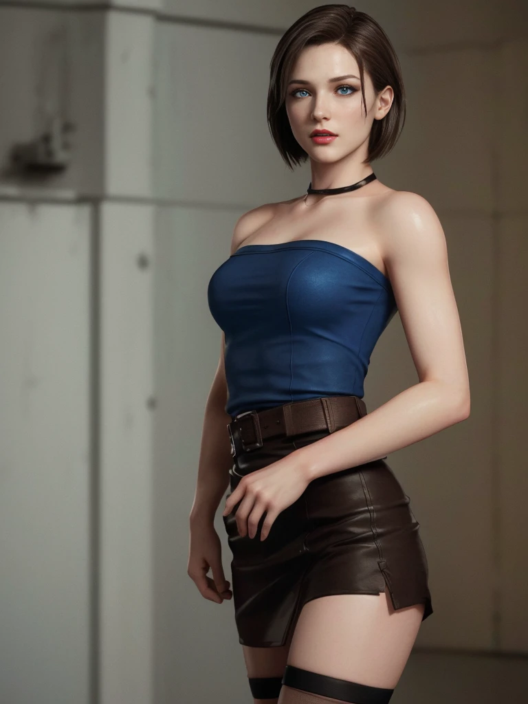 Jill Valentine, hellblaue Augen, (beste Qualität, ultra-detailliert), (realistisch:1.37), schönes und detailliertes Gesicht, ultra-realistisch texture, Zartes Gesicht, zarter Körper, roter Lippenstift, lebendige Farben. hochauflösend, 8K. athletischer Körper.