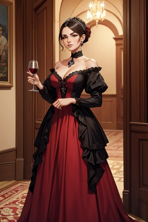 1 garota, longos cabelos ruivos, olhos vermelhos, thin lips, rosto redondo, seios enormes cobertos, quadris largos, wearing clothes of the Victorian aristocracy,um vestido vermelho de gala,uma duquesa, arrogant and ironic look, standing holding a glass of wine, olhando para o espectador , palace gala hall scenery,SFW