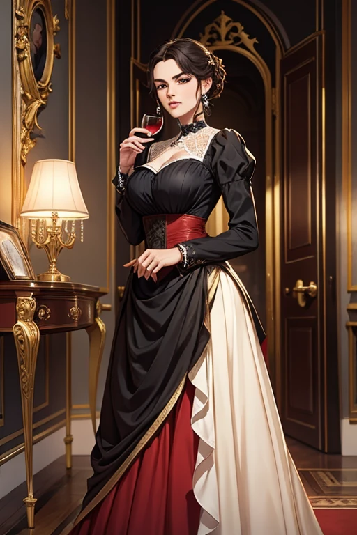 1 garota, longos cabelos ruivos, olhos vermelhos, thin lips, rosto redondo, seios enormes cobertos, quadris largos, wearing clothes of the Victorian aristocracy,um vestido vermelho de gala,uma duquesa, arrogant and ironic look, standing holding a glass of wine, olhando para o espectador , palace gala hall scenery,SFW