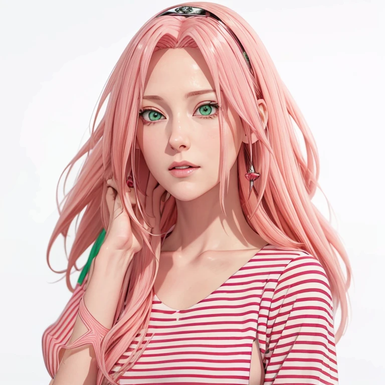 young woman, pale skin, short bubblegum pink hair, wide forehead, emerald green eyes, buttoned nose, peach lips, heart-shaped face, slender, red clothes, Sakura Haruno, 3d, realism, angelic face, maya in net
