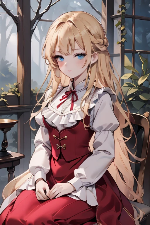 (8k, highest quality, Tabletop:1.2)、Ultra-high resolution, Detailed face, One 10-year-old girl, blue eyes, Blonde, Braid, Long Hair, Red ribbon on head, Red dress, blue sky, in the forest, wood, table cloth, Set of cake and tea on the table, Sit on a chair、victorian dress