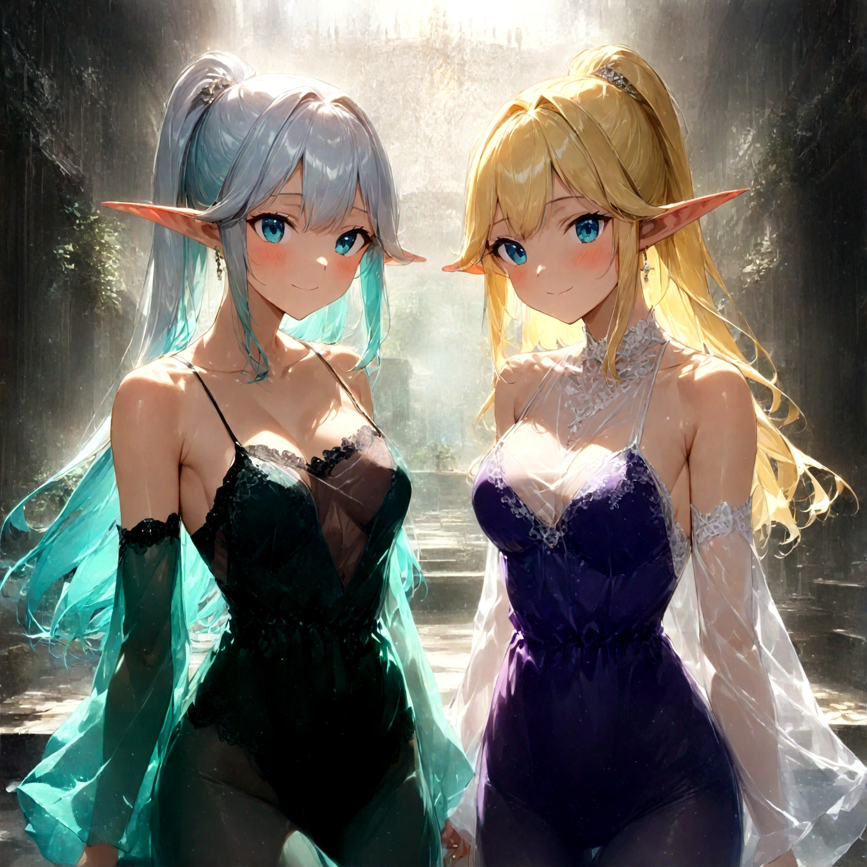 (masutepiece:1.2), (Best Quality:1.2), (high resolution:1.2), (perfect anatomy:1.2), (Do not split view:1.2), (See-through camisole:1.5), 
(2beautiful elven girls:1.5), (the most beautiful elf girl in the world and a beautiful dark elf girl:1.0), (a blonde haired blue eyed elf girl and a silver haired blue eyed dark skinned dark elf girl:1.0), 
(Fluttering smile:1.0), (Purple camisole dress:1.0), (Excessive amount of lace and jewelry on camisole dress:1.0), 