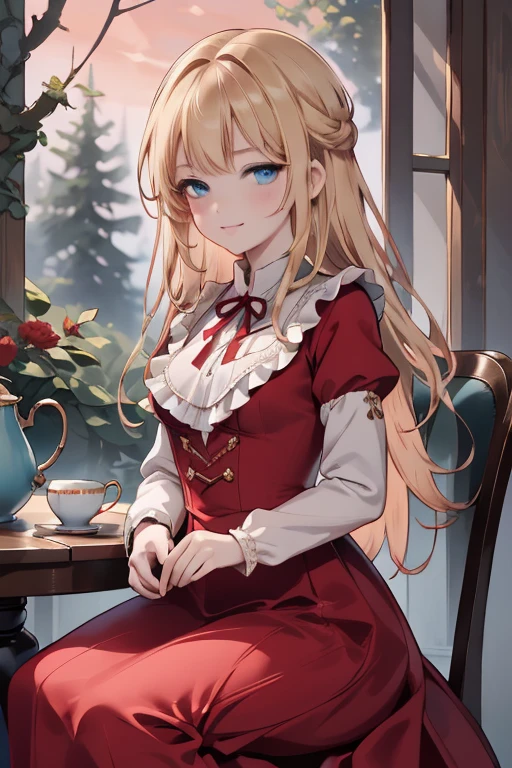 (8k, highest quality, Tabletop:1.2)、Ultra-high resolution, Detailed face, One 10-year-old girl, smile、blue eyes, blonde, Braiding, Long Hair, Red ribbon on head, Red dress, blue sky, in the forest, wood, table cloth, Set of cake and tea on the table, Sit on a chair、Victorian dress