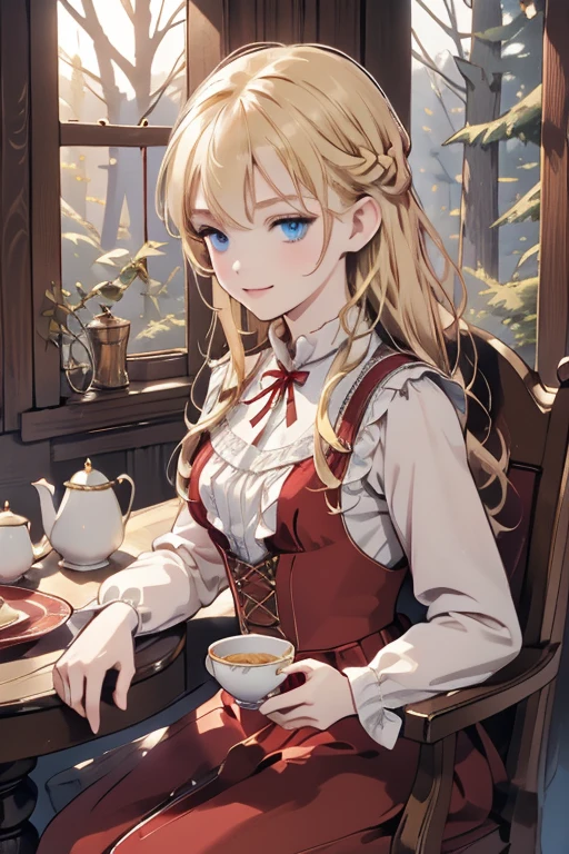 (8k, highest quality, Tabletop:1.2)、Ultra-high resolution, Detailed face, One 10-year-old girl, smile、blue eyes, blonde, Braiding, Long Hair, Red ribbon on head, Red dress, blue sky, in the forest, wood, table cloth, Set of cake and tea on the table, Sit on a chair、Victorian dress