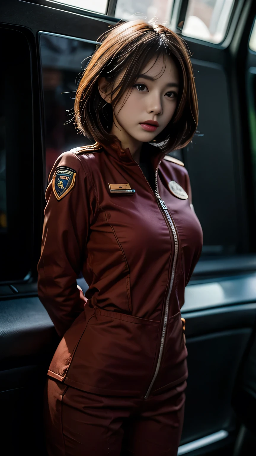 An absurd solution, High resolution, (masterpiece: 1.4), Super detailed, One young woman, Short Red Hair, Pilot Suit, Rich Princess, I&#39;m sitting in a very small, sealed mechanical control room., Facial expression, scary, crying, open mouth, calling (1.3), In the sky