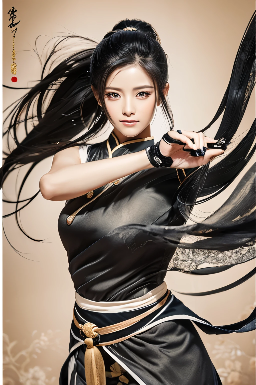 (best quality,highres,masterpiece:1.2),ultra-detailed,full body shot,beautiful detailed eyes,beautiful detailed lips,extremely detailed eyes and face,longeyelashes,sexy woman practicing Kung Fu,artwork made with traditional Chinese ink painting,graceful movements,flowing black hair,energetic and fierce expression,fit and muscular body,flexible martial arts poses,dynamic dark lighting,blending of traditional and modern elements,subtle color palette,ink wash painting style,brush strokes depicting power and elegance.